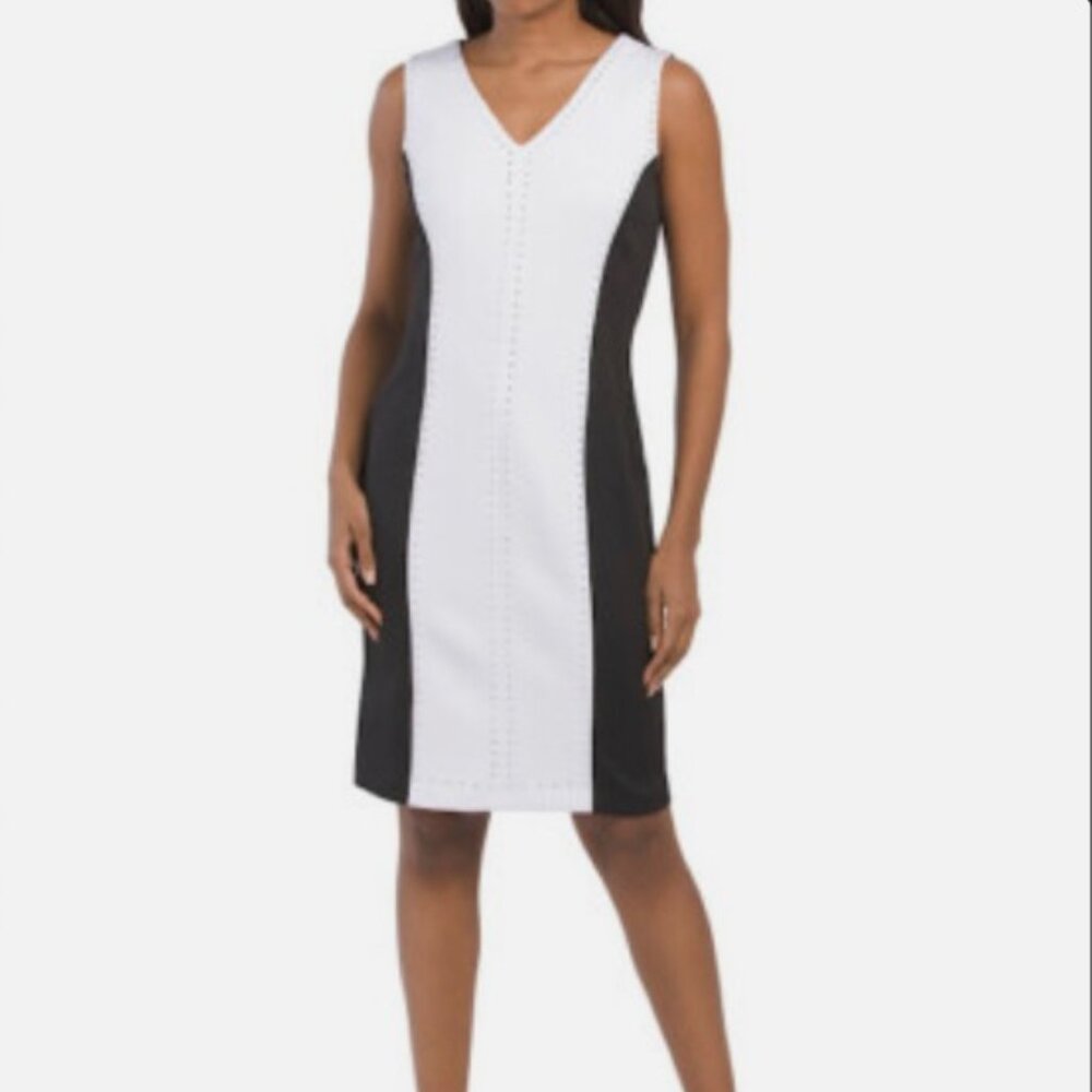 TAHARI Sleeveless Studded Color Block Black White Scuba Dress Sz M